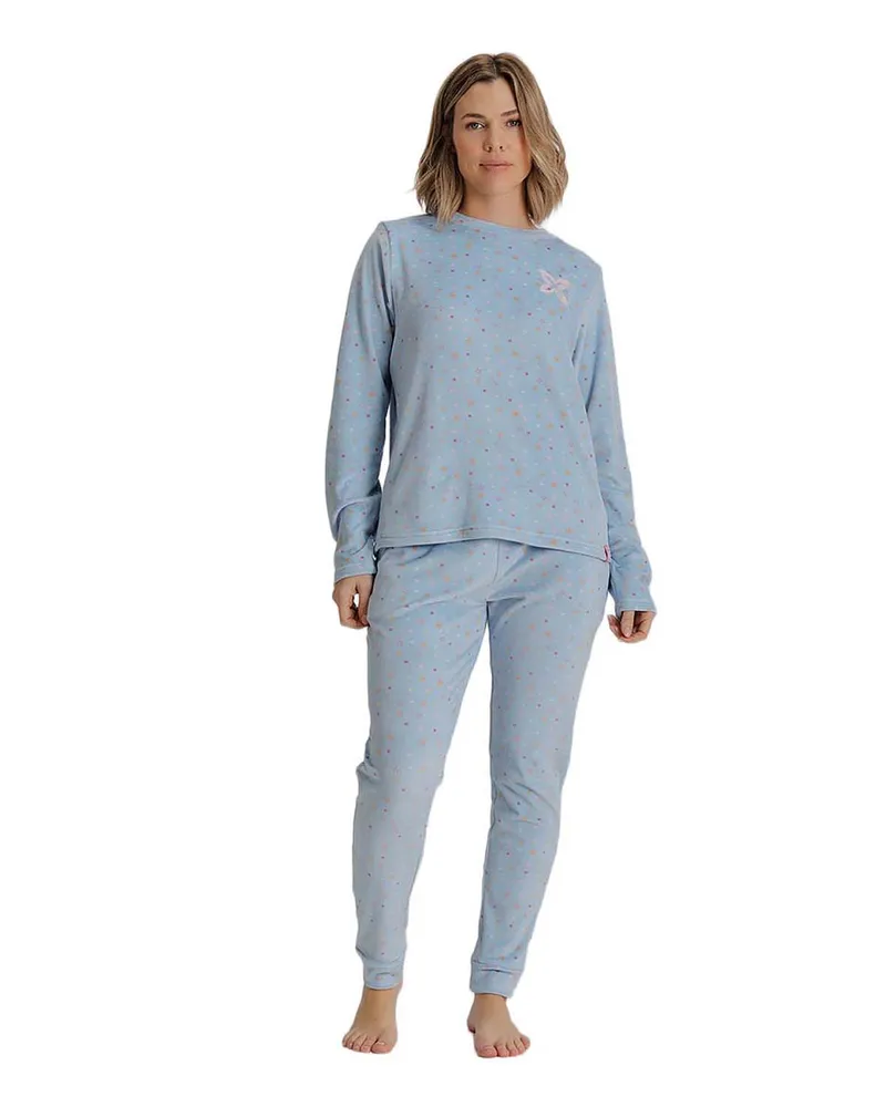MUNICH Damen-Samtpyjama mit langen Ärmeln MU5 Blau