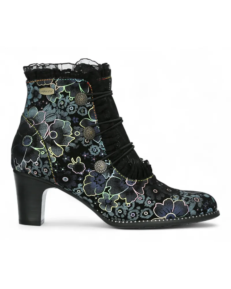 Laura Vita Elcodieo 224 Damenstiefel mit blauem Blumenmuster im gotischen viktorianischen Stil aus Leder mit Knöchelabsatz Blau