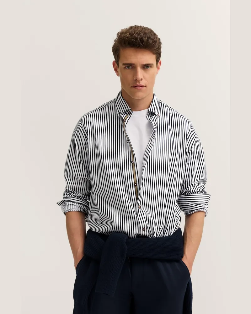 Bugatti Herren Freizeithemd langarm gestreift mit Button-Down und aus Baumwolle Marineblau