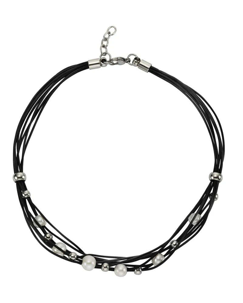 ZEEme Stainless Steel Halskette Leder schwarz mit Stahlkugeln und weißen Perlen Silber
