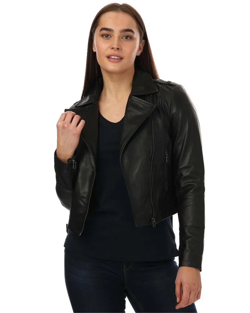 Elle Bikerjacke für Damen, Leder, Anliegend (Schwarz Schwarz