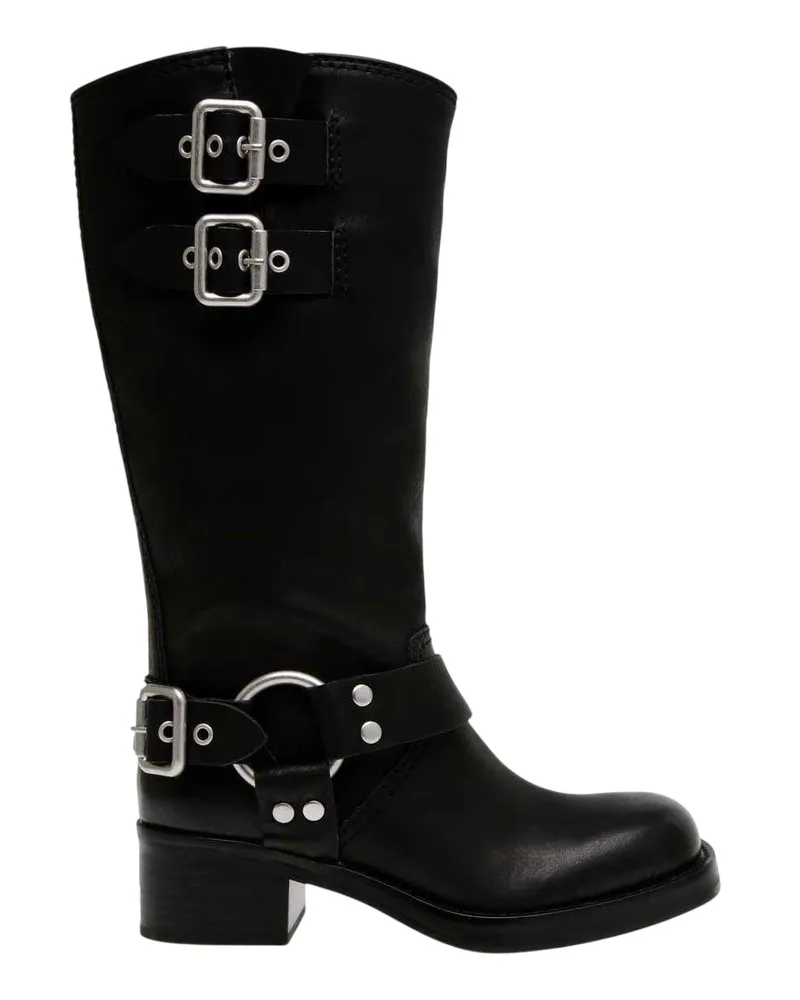 Steve Madden Eastern" Motorrad-Stiefel für Damen, Leder, mit Schnalle (Schwarz Schwarz