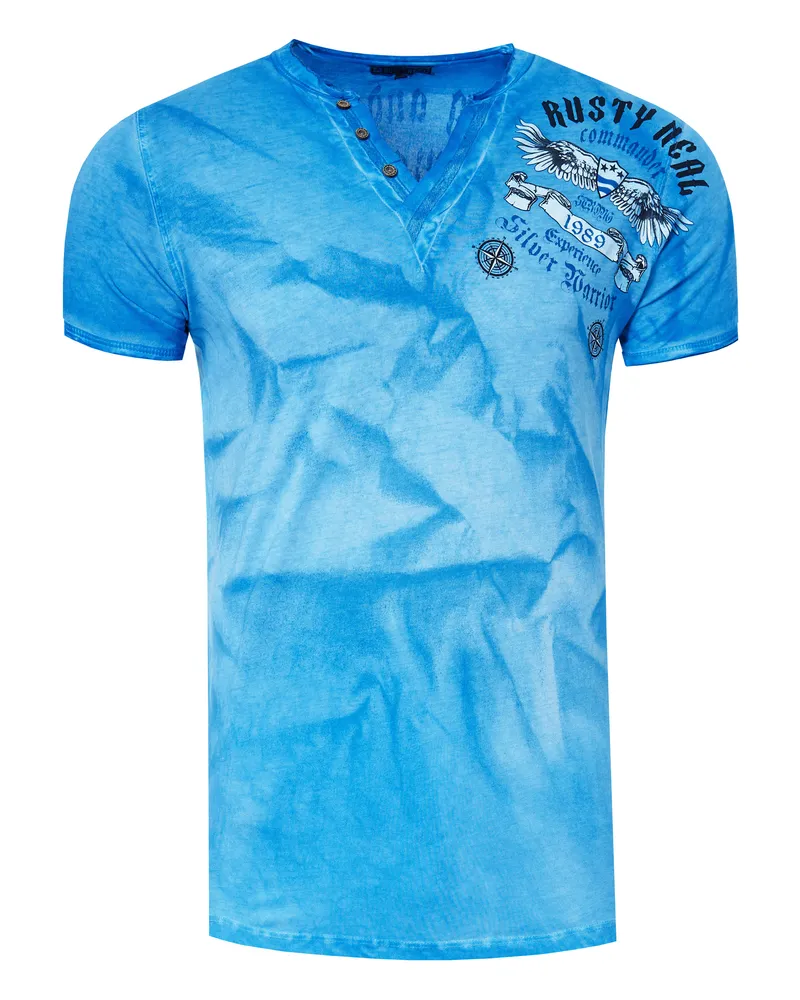 Rusty Neal V-Neck T-Shirt mit Front & Back Prints Blau