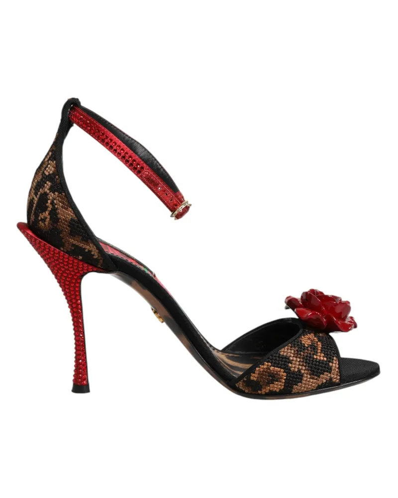Dolce & Gabbana Braune Leoparden-Kristall-Rosen-Sandalen Schuhe Braun