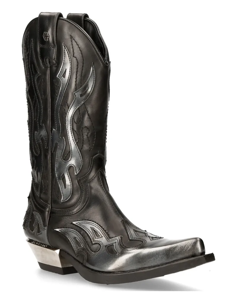 New Rock Flame Biker-Cowboystiefel aus schwarzem/silbernem Leder mit Akzent – ​​M-7921-S3 Schwarz
