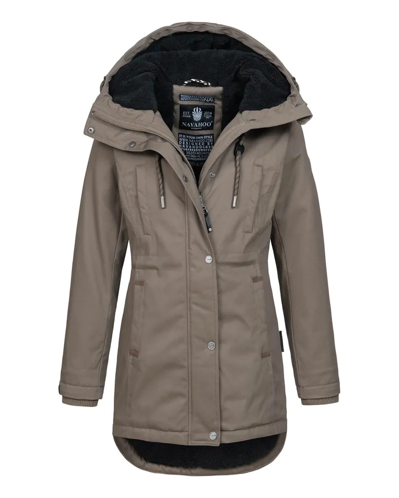 NAVAHOO Winterfunke Damen Winterjacke mit Teddyfellfutter Braun