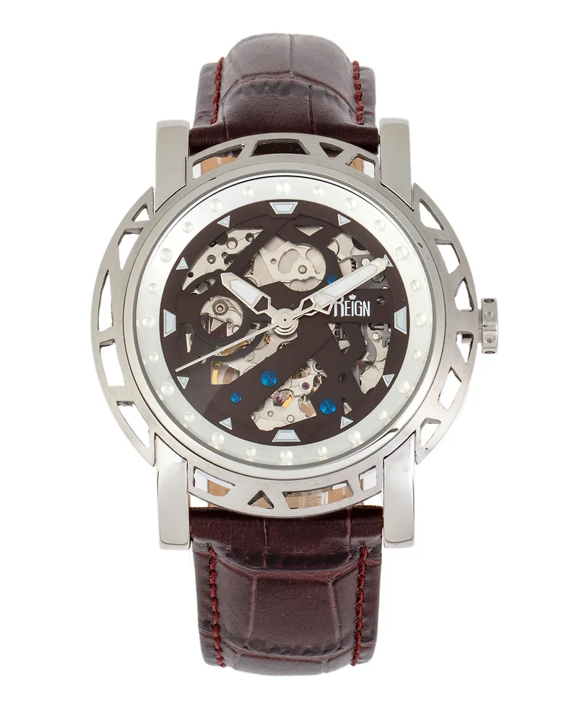 Reign Stavros Automatik-Skelett-Lederarmbanduhr Braun