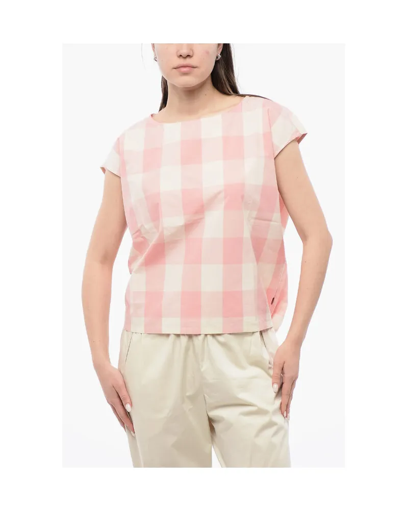 Woolrich Ärmellose Bluse aus Baumwolle mit Vichy-Karomuster und Kordelzug in Weiß und Rosa Rosa