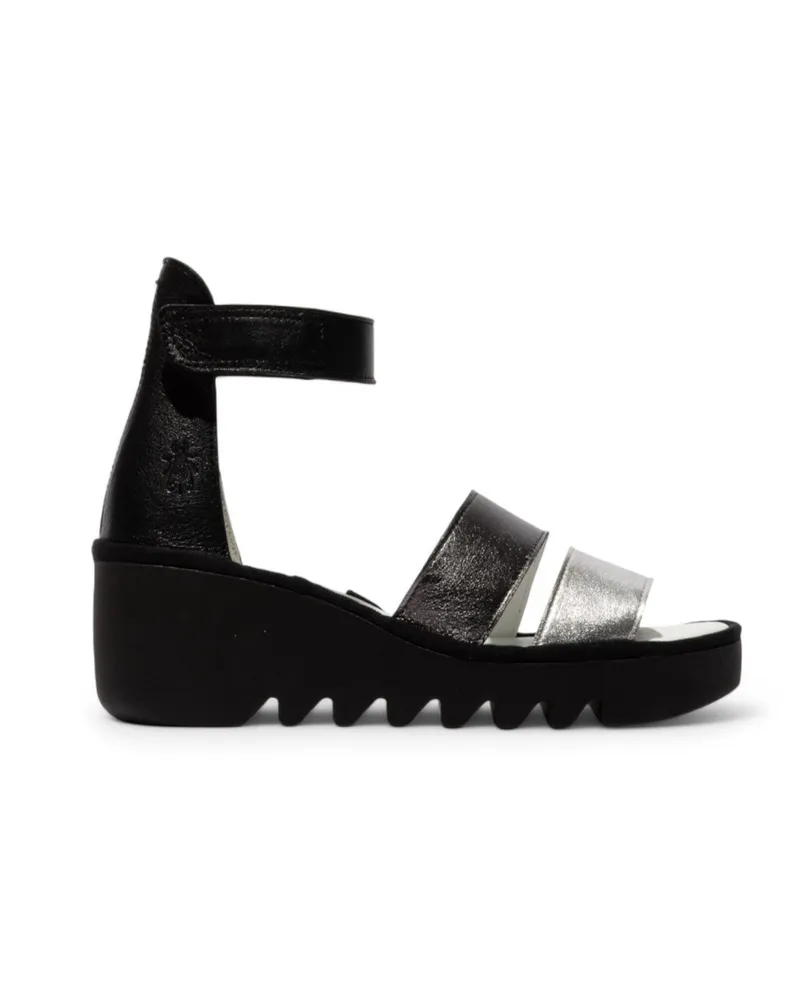 Fly London Damen BONO290FLY Silber Schwarz Idra Leder Sandalen Espadrille Wedges Schwarz