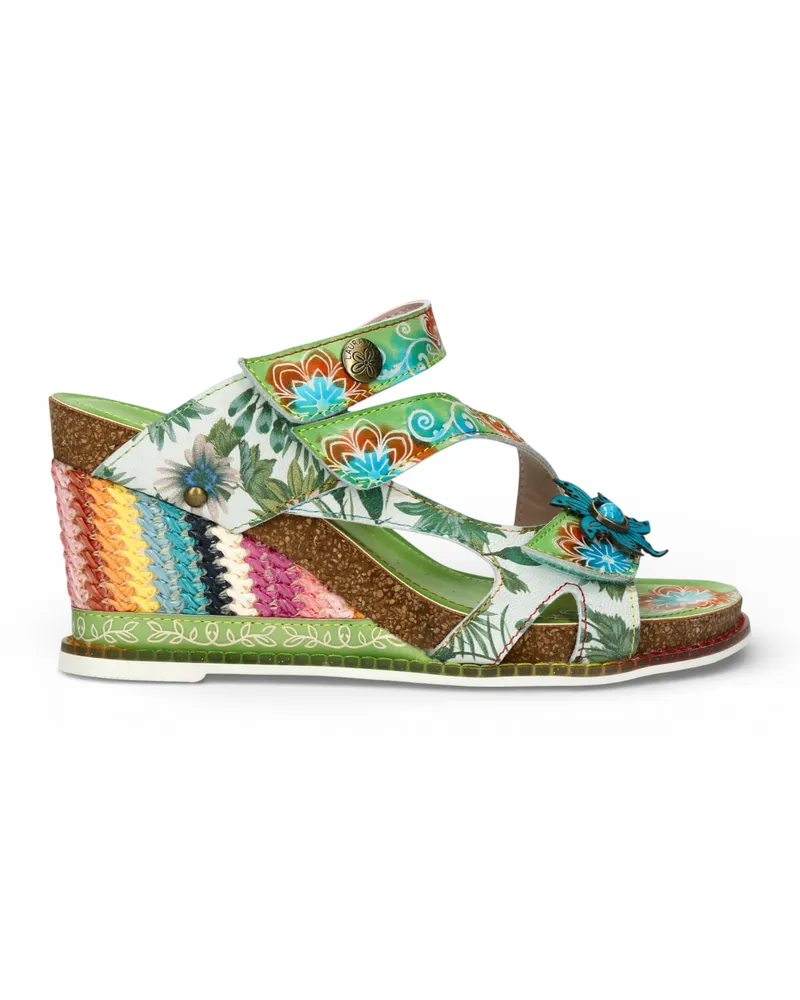 Laura Vita Damen Balade 32 Vert Grün Blumenmuster Leder Keil Espadrille Sandalen Grün