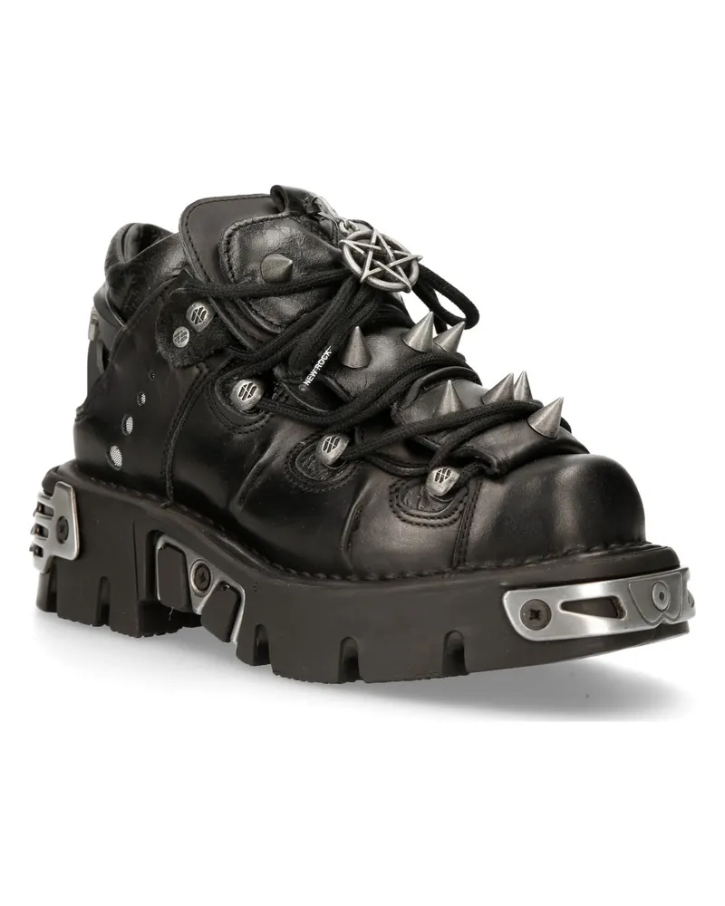 New Rock schwarze Leder-Stiefeletten mit Spikes-110-S1 Schwarz