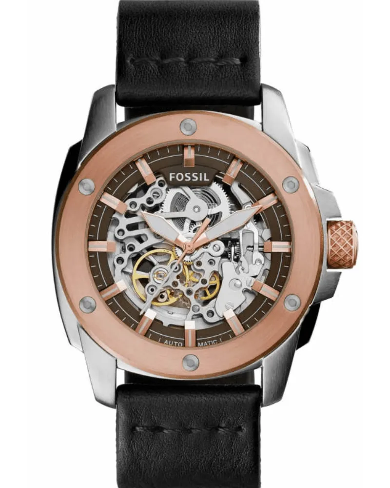 Fossil Machine ME3082 Automatik-Skelett-Herrenarmbanduhr — 50 mm schwarzes Leder Schwarz