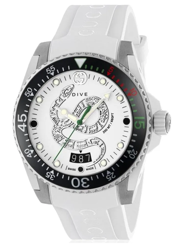 Gucci YA136330 Dive Weiß Schlange Motiv Zifferblatt Herrenuhr Weiß