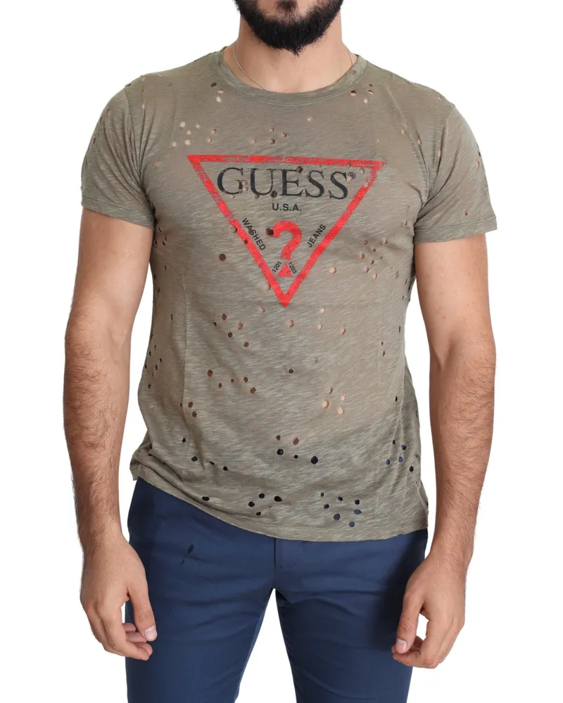 Guess Braun Baumwolle Stretch Logo Druck Herren Freizeit Perforiertes T-Shirt Braun