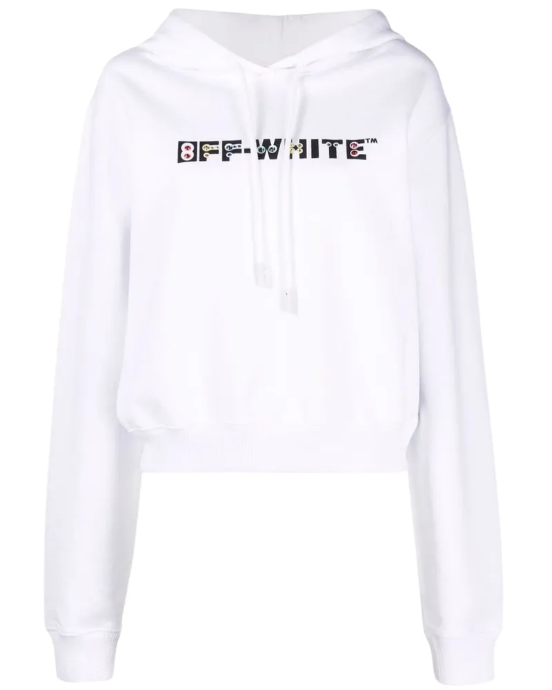 OFF-WHITE Kurzer weißer Kapuzenpullover mit geometrischem Logo Weiß