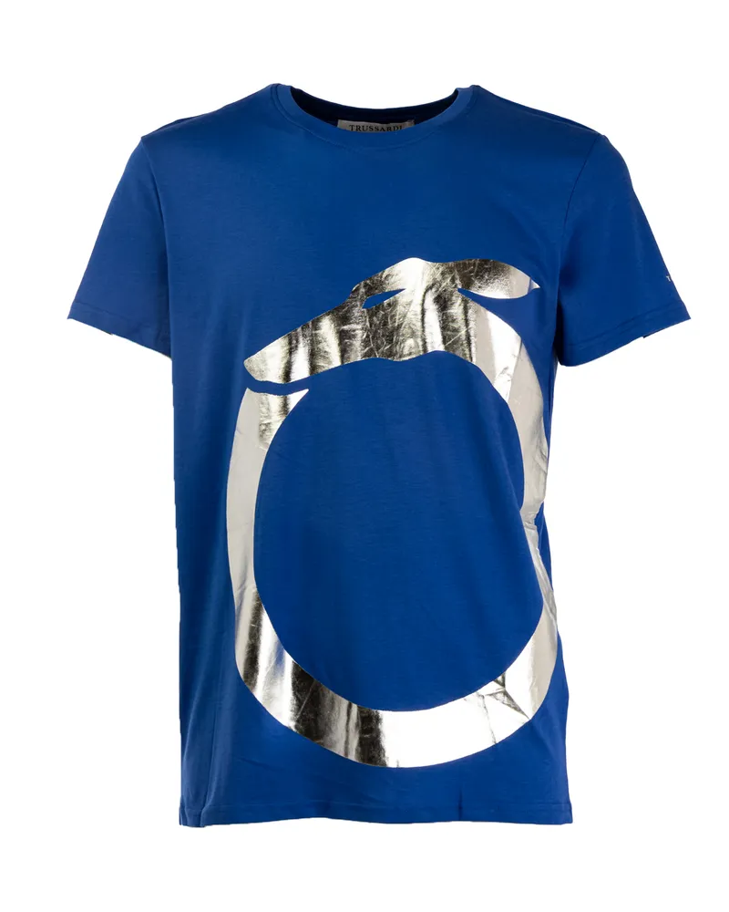 Trussardi Herren T-Shirt mit kurzen Ärmeln und schlichtem Rundhalsausschnitt mit Druck Blau