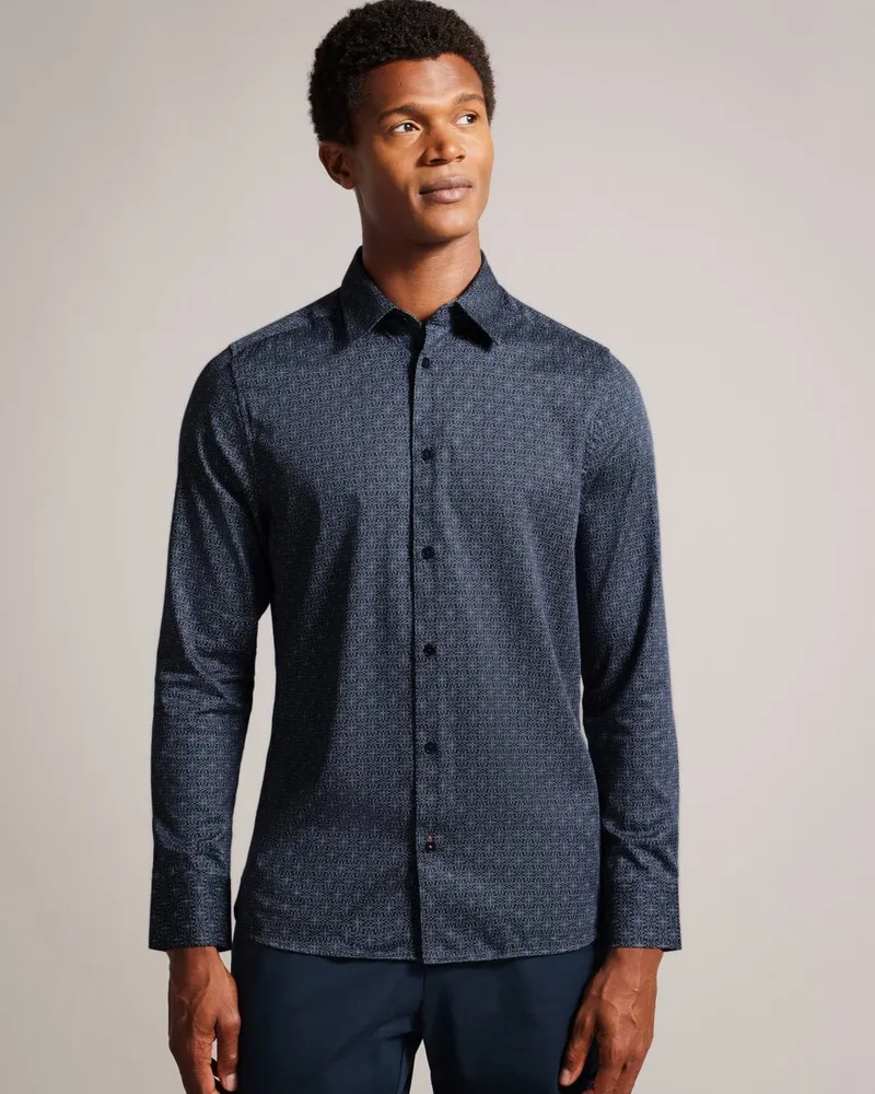 Ted Baker Pavia Herren Navy Geometrisches Sterndruckhemd Marineblau