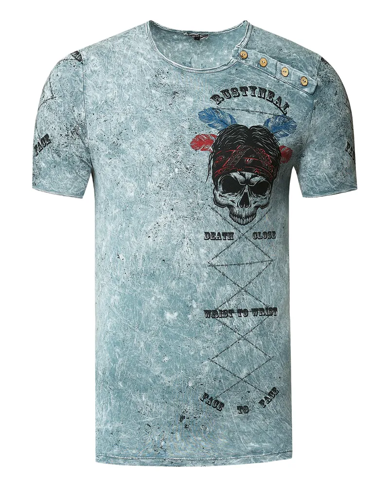 Rusty Neal Verwaschenes Rundhals T-Shirt mit Knopfleiste und Prints Grau