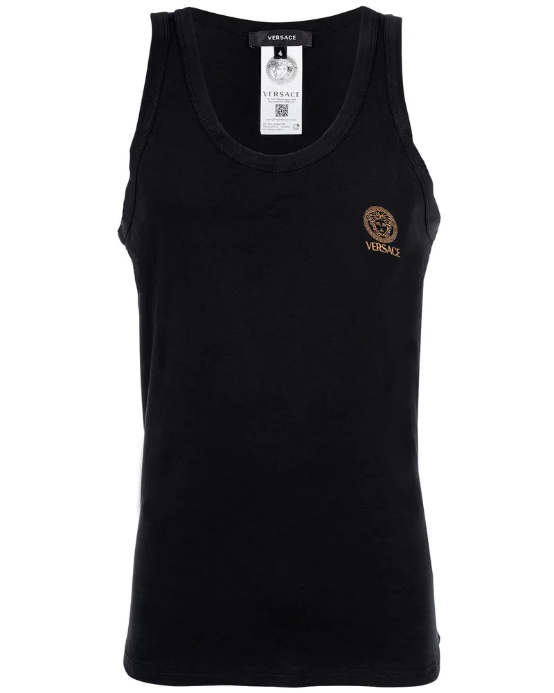 Versace Longsleeve-T-Shirt mit Rundhalsausschnitt aus bi-stretch Bio-Baumwolljersey, neues Logo - Schwarz Schwarz