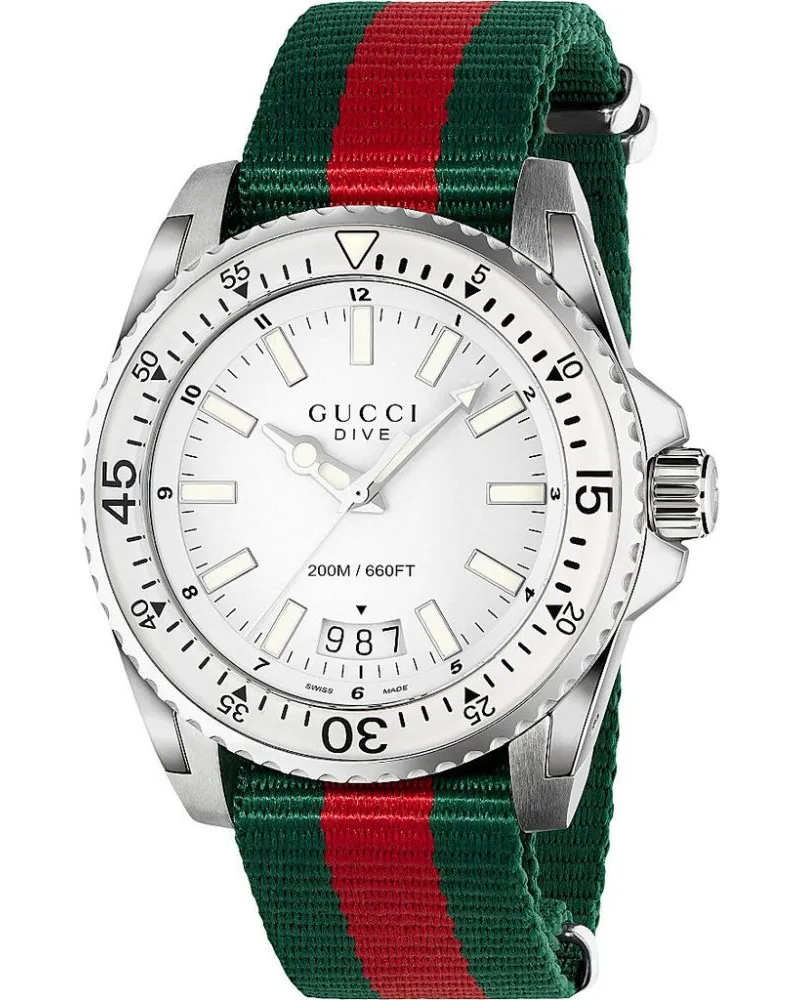Gucci YA136207 Dive Herrenuhr mit weißem Zifferblatt und Textilband Mehrfarbig