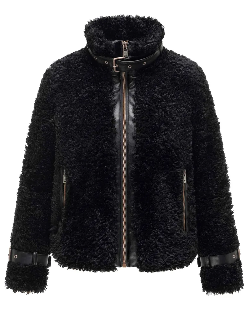 NAVAHOO Damen Teddyjacke Wuschelwonne mit Schnallendetails Schwarz