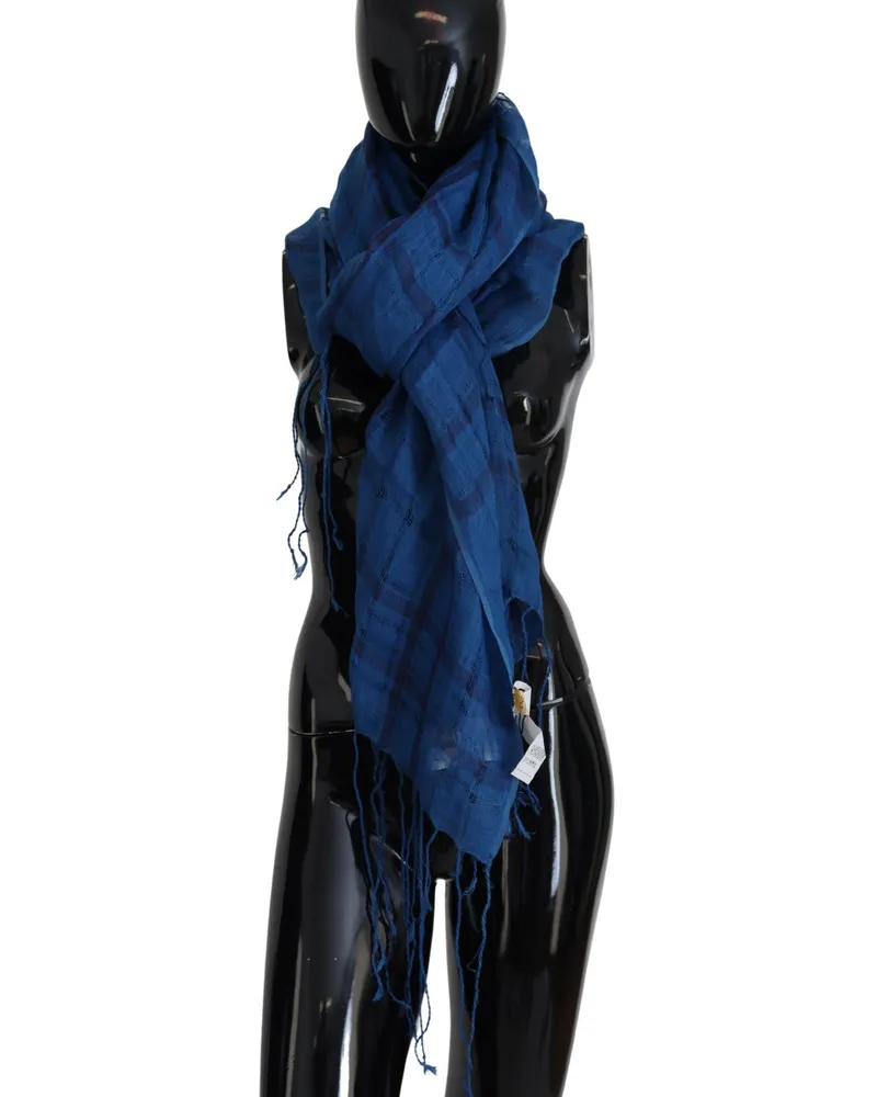 CoSTUME NATIONAL Leinen-Schal mit kariertem Muster und Fransen Dunkelblau