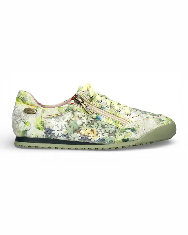Laura Vita Damen-Sneaker Tivanao-05, gelb mit Blumenmuster, aus Leder, mit Reißverschluss Gelb