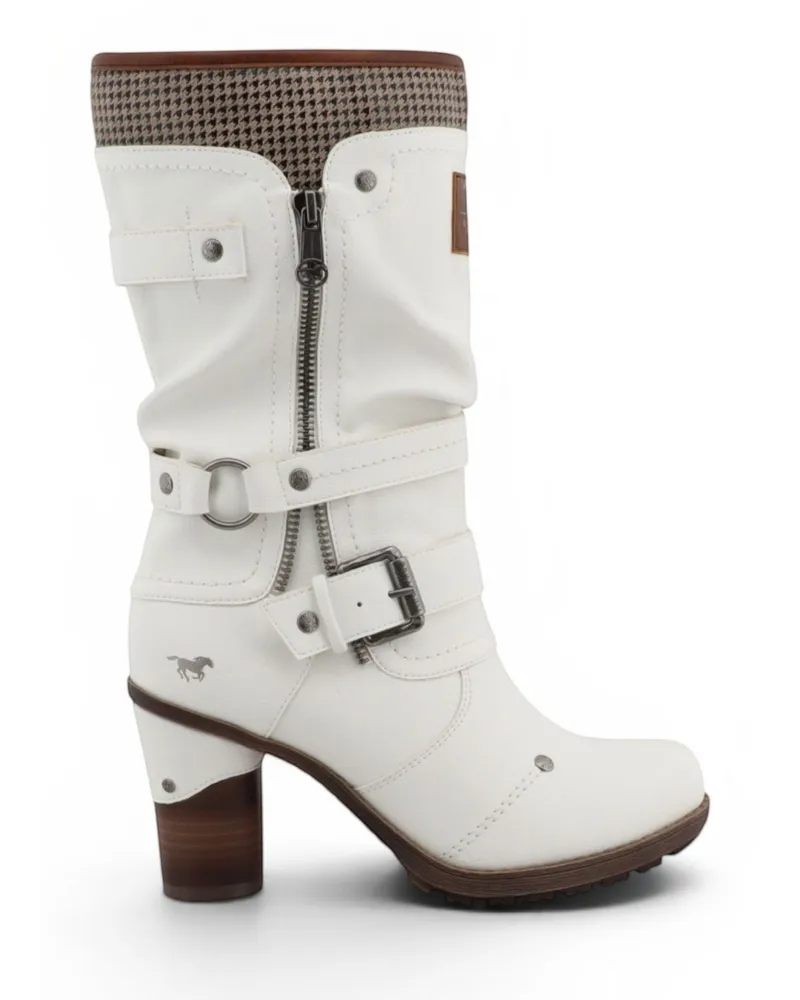 Mustang Damen-Langstiefel mit Absatz bis zur Mitte der Wade – M0162001 Weiß