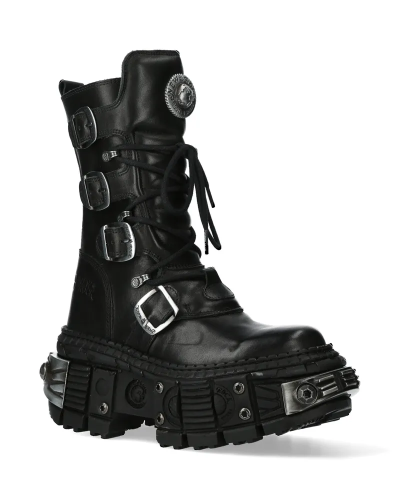 New Rock Schwarze Goth-Stiefel aus mittelhohem Kalbsleder-WALL1473-S11 Schwarz