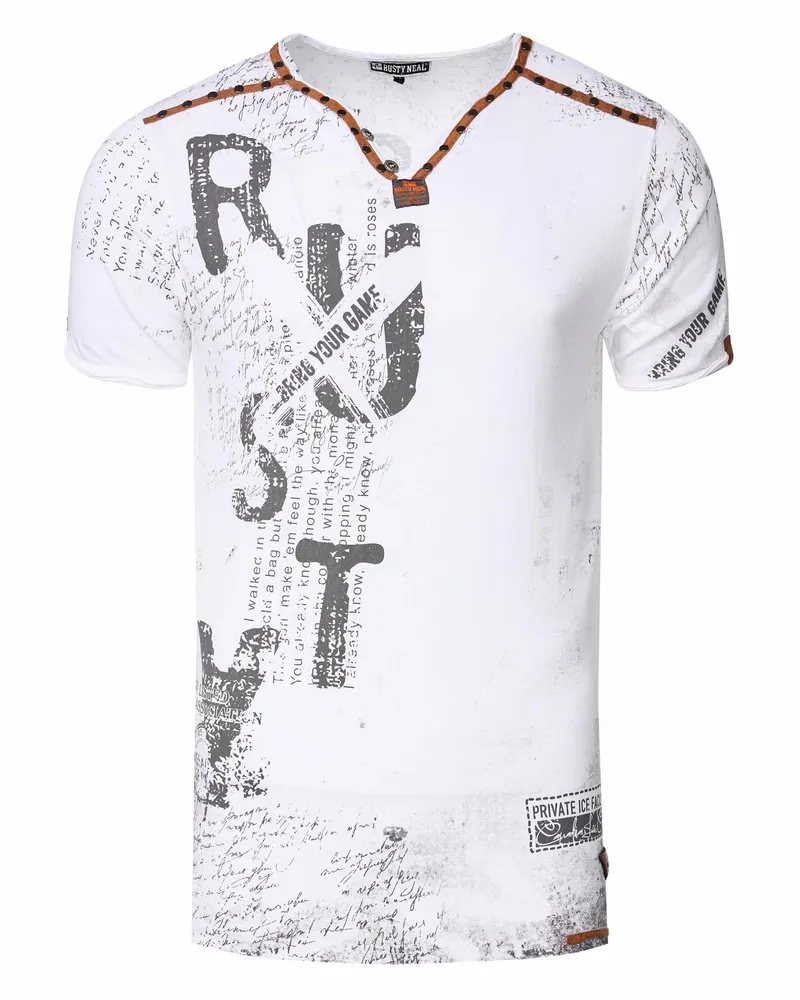 Rusty Neal V-Ausschnitt-T-Shirt mit Wildlederdetails und Nietenverlauf - Weiß Weiß