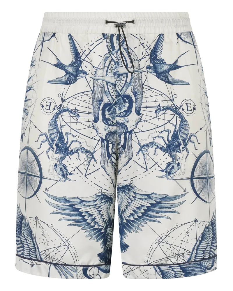 Philipp Plein Silk Bowling Shorts All-Over Tattoo Creme