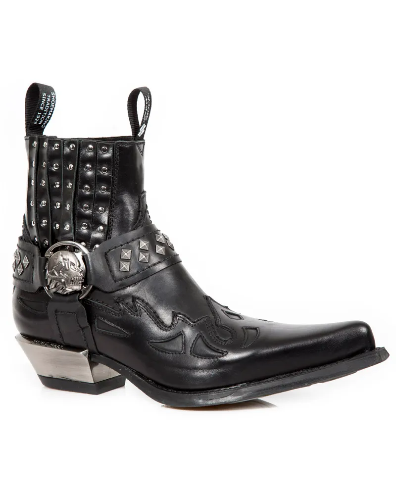 New Rock Western-Bikerstiefel aus schwarzem Leder mit Nieten-7950-S1 Schwarz