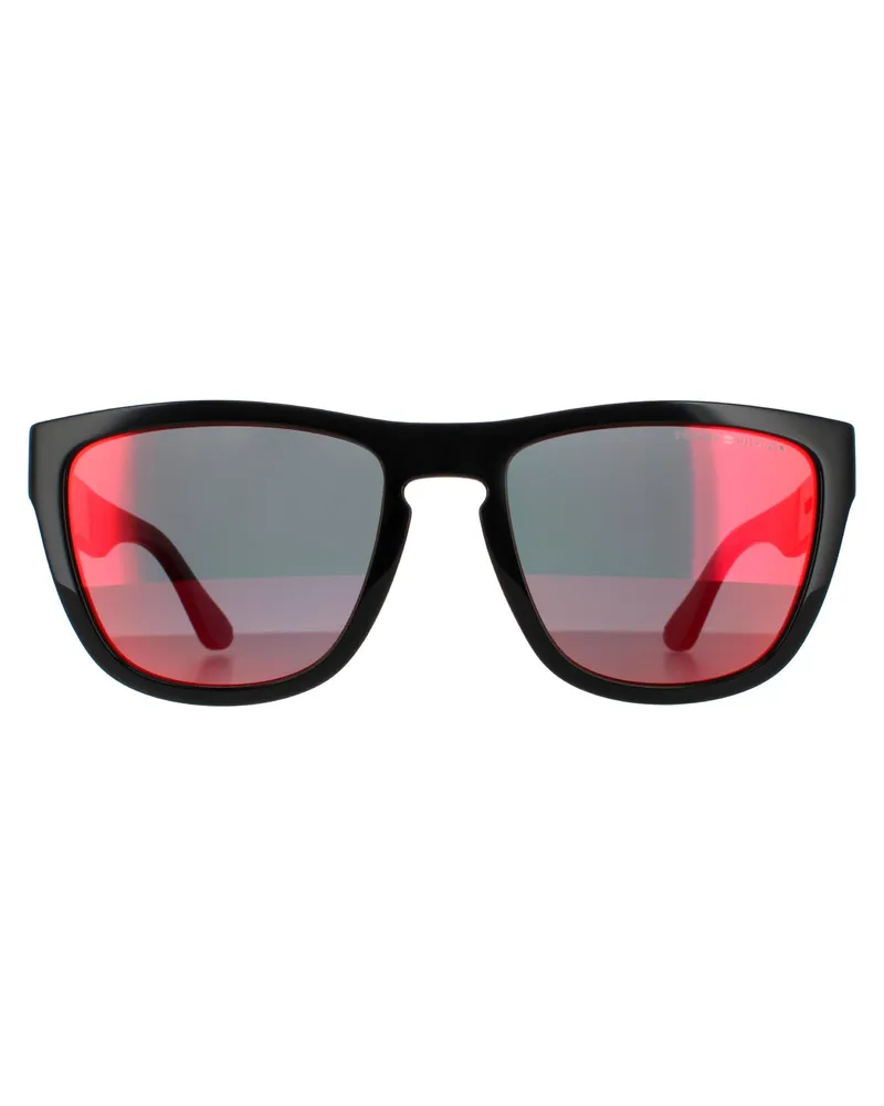Tommy Hilfiger Square Mens Black Red Mirror Sonnenbrille Schwarz