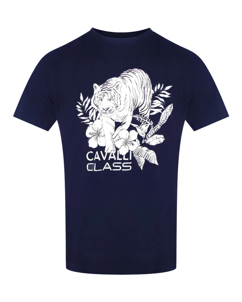 Roberto Cavalli Marineblaues T-shirt Mit Tiger-blumenlogo Marineblau
