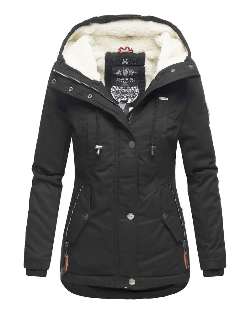 Marikoo Damen Winterjacke mit Teddyfell-Innenfutter & Kapuze Schwarz