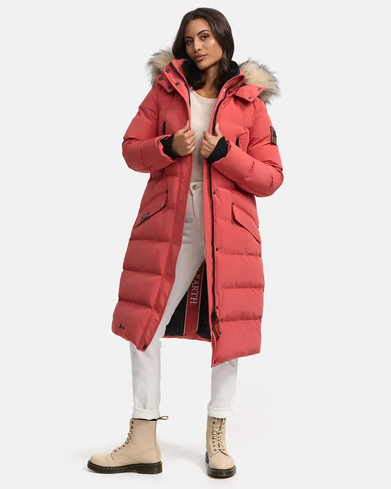 Marikoo Damen Winterjacke – Schneesternchen, lang mit Kapuze & Fellkragen Rot