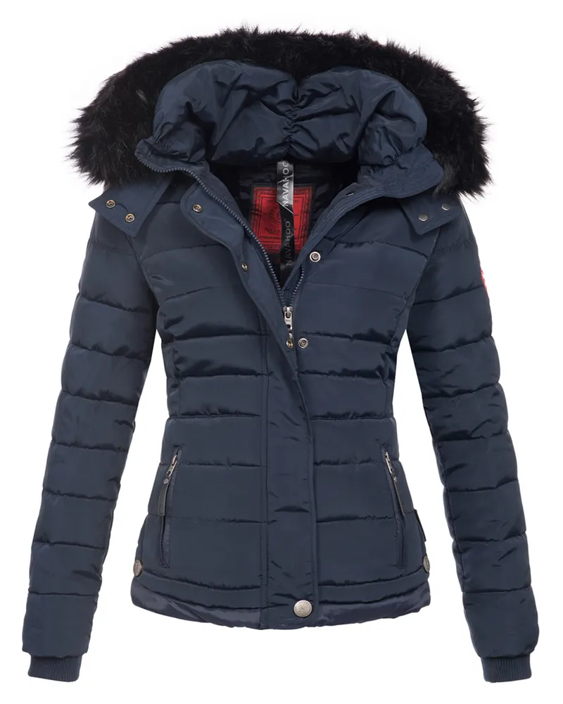 NAVAHOO Damen-Winterjacke Chloe, tailliert, mit abnehmbarer Kapuze und elegantem Kunstfell - Blau Blau