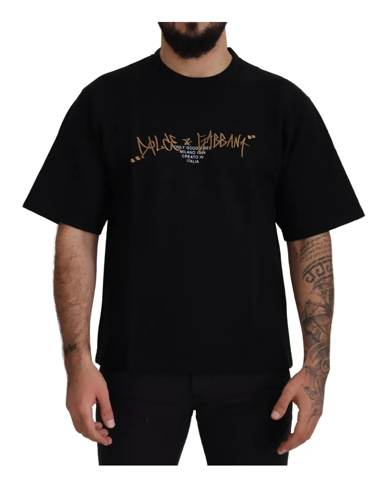 Dolce & Gabbana Schwarzes Logo Baumwoll Crewneck Herren T-Shirt Schwarz
