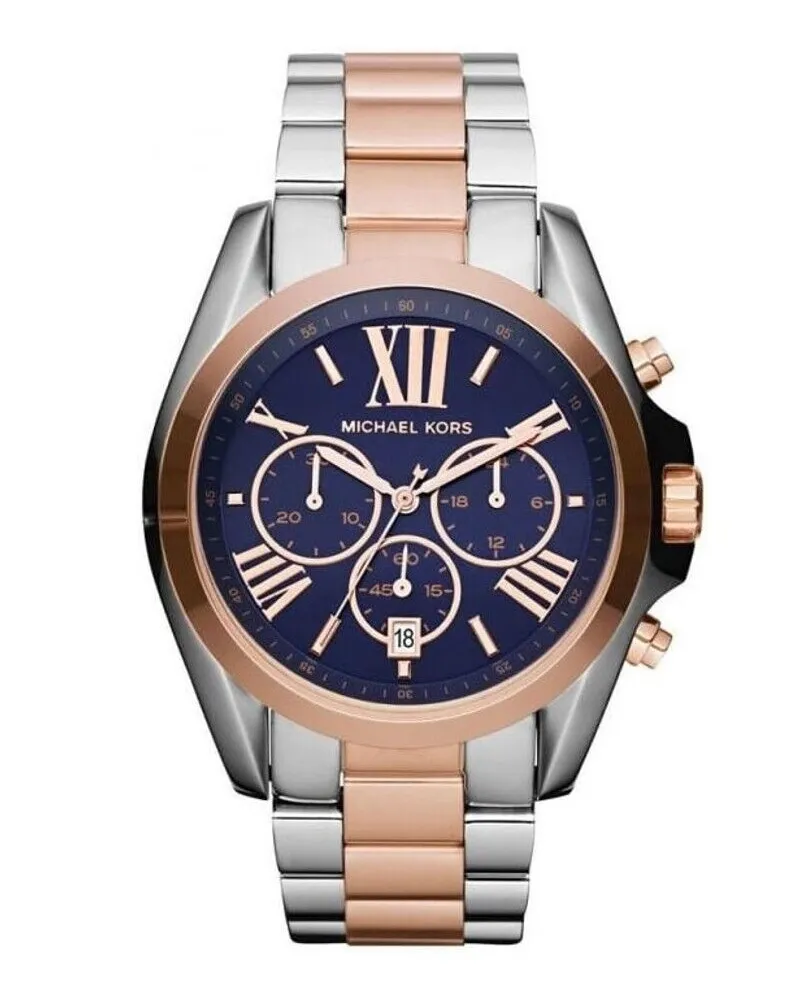 Michael Kors Stylische Damenuhr der Marke  in Silber und Gold. Die Uhr hat ein robustes Kabelarmband, das mit einer Faltschließe versehen ist. Der Durchmesser der Uhr beträgt 43 mm und das Uhrwerk ist ein Quarzwerk.  Marke: Michael KorsModellname: MK5606 (43mm)Kategorie: DamenarmbanduhrMaterialien: EdelstahlFarben: silber, rosa, blauUhrwerk: Quarz Silber