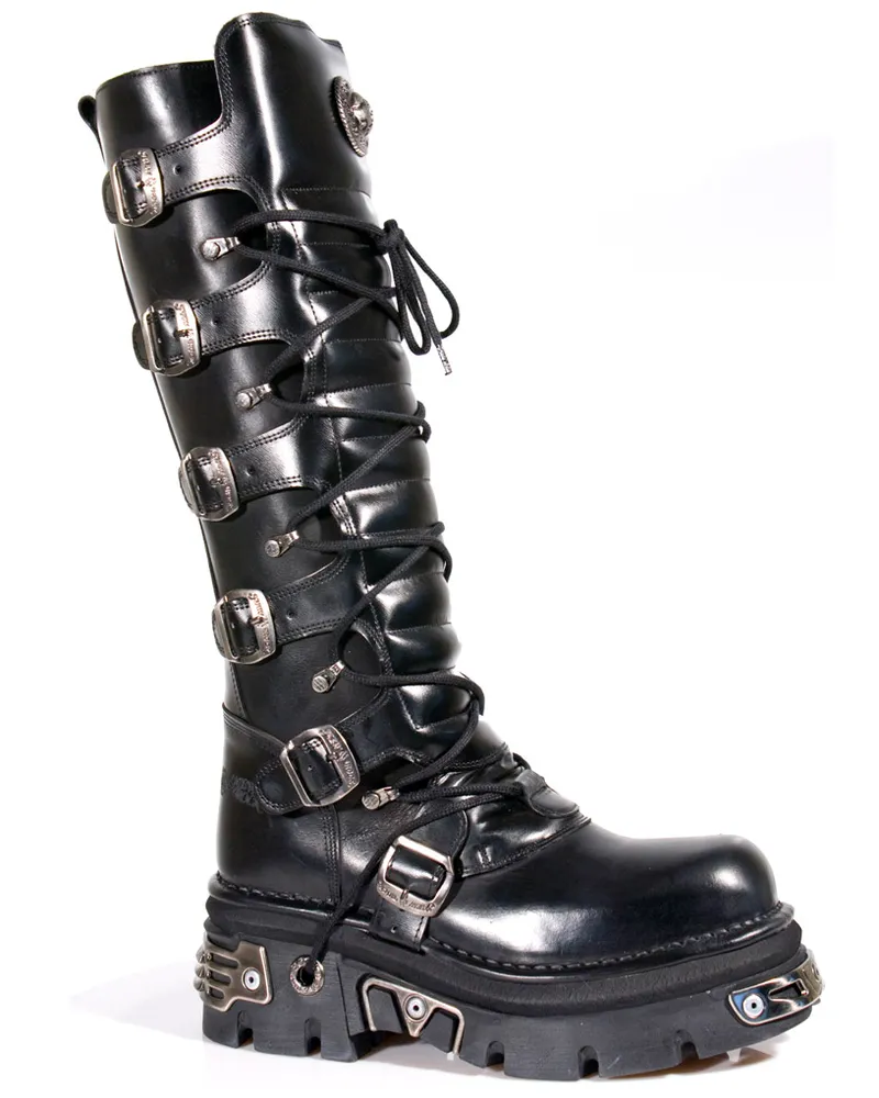 New Rock Kniehohe Gothic-Stiefel aus schwarzem Leder-272-S1 Schwarz