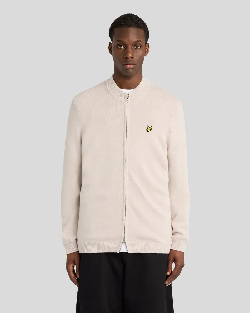 Lyle & Scott Relaxed-Baumwoll-Merino-Strickpullover mit durchgehendem Reißverschluss Creme