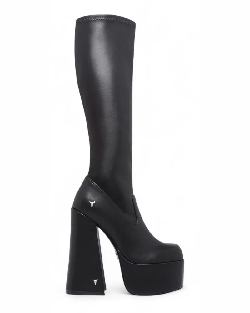 WINDSOR SMITH Windsorsmith Damen-Stiefel mit kniehohem Plateau und Gothic-Absatz, Schwarz – Survival Schwarz