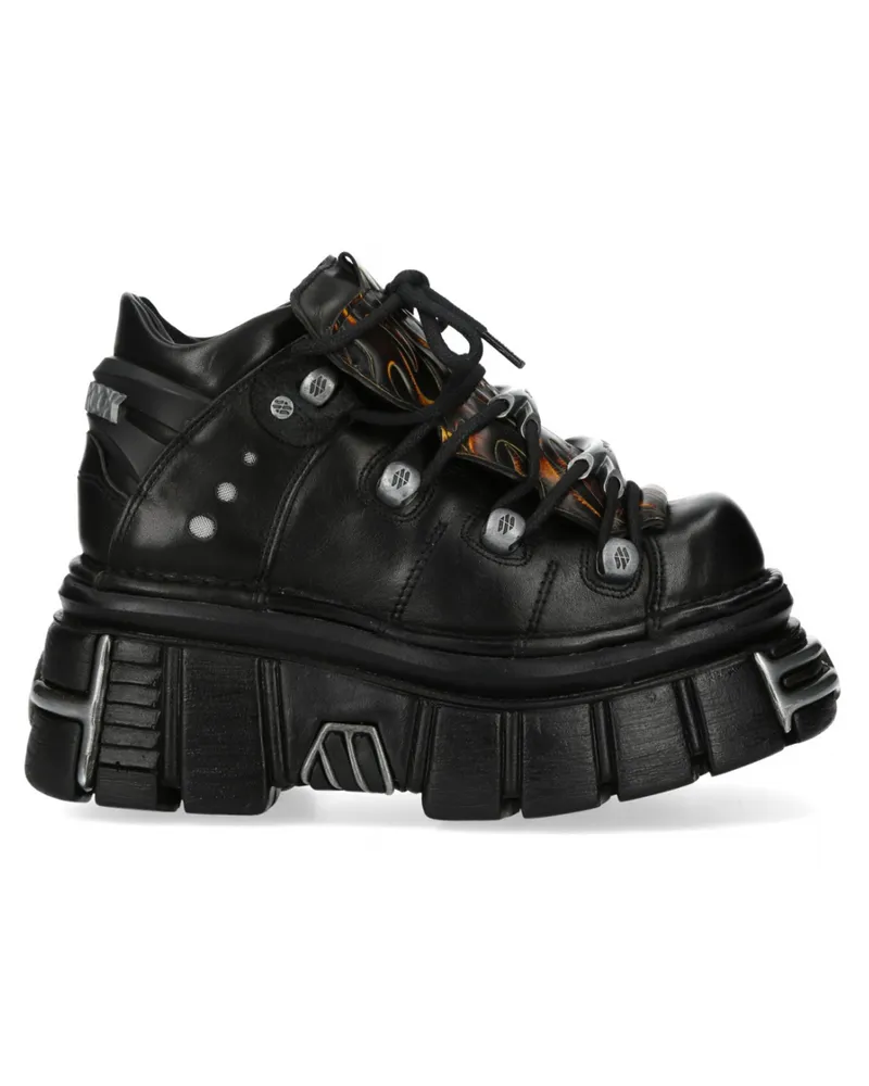 New Rock M-106N-C86 Gothic-Stiefeletten aus schwarzem Flammenleder mit Plateau Schwarz