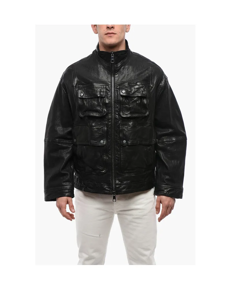 Neil Barrett LOOSE WASHED Lederjacke mit vielen Taschen in Schwarz Schwarz