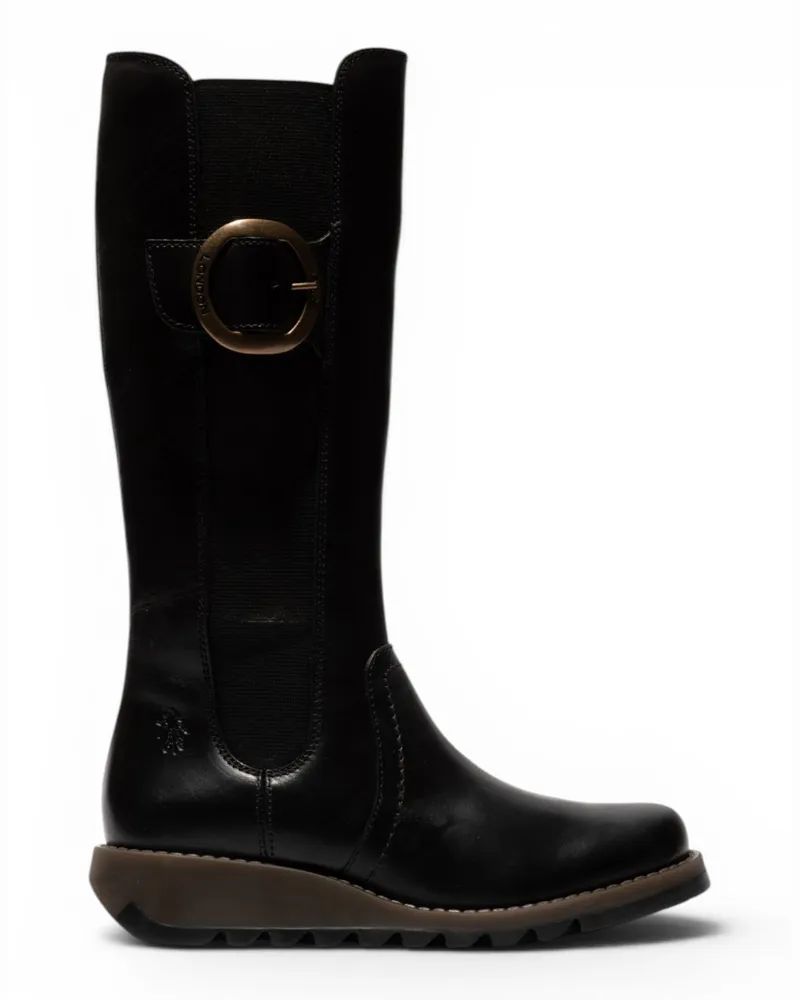 Fly London Damen Schwarze, kniehohe Lederstiefel – SOIF361 Schwarz