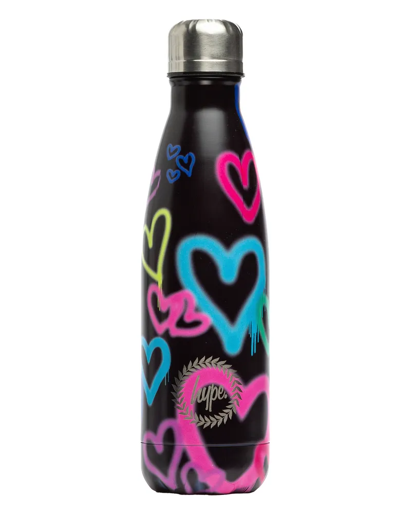HYPE Schwarze Graffiti-Herz Metall-Wasserflasche | Schraubverschluss Wiederverwendbar Auslaufsicher Schwarz