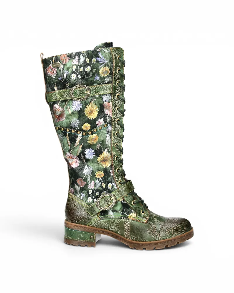 Laura Vita Viktorianische Blumengrüne Lederstiefel mit hoher Schnürung – Cocrailo-82 Grün