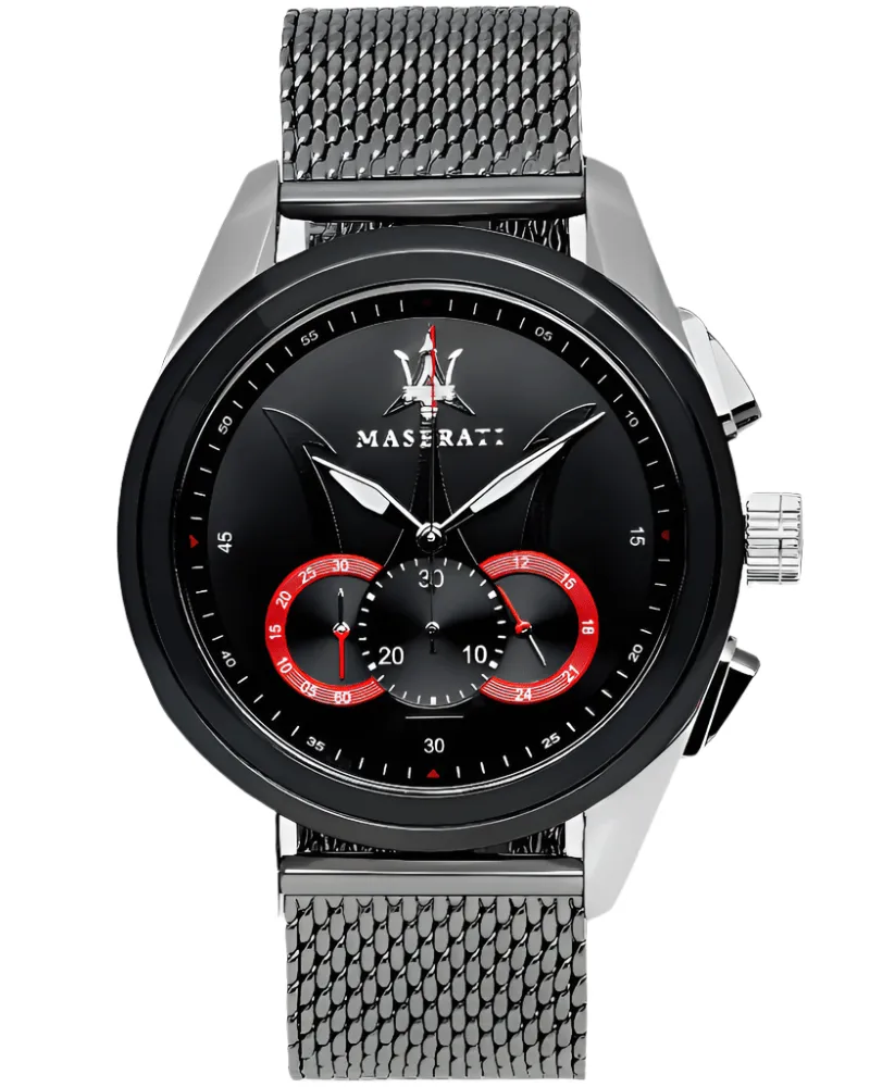 Maserati Traguardo Chronograph mit schwarzem Zifferblatt und Mesh-Armband - Silber Silber
