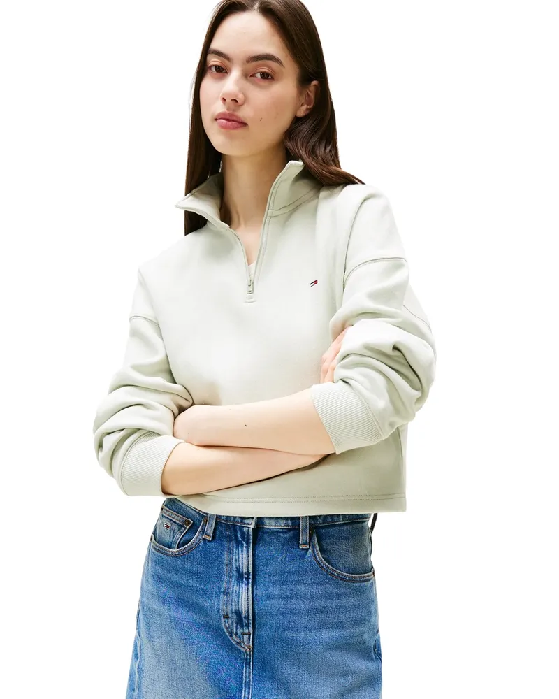 Tommy Hilfiger Kurzes Sweatshirt für Damen, mit kurzem Reißverschluss, Fleece, Kastig (Neblig Salbeigrün