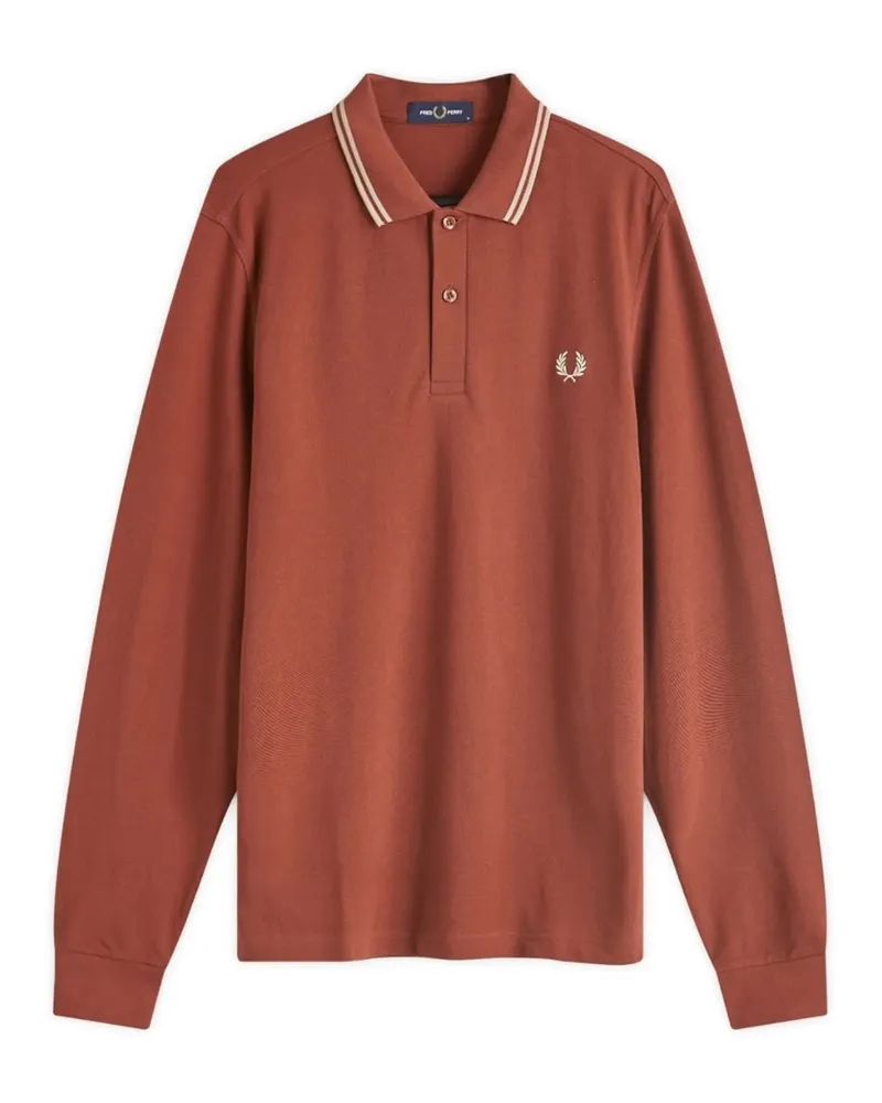 Fred Perry Poloshirt Mit Schwarzem Kragen Und Zwei Farbtupfern In Whiskybraun, Langärmlig Dunkelrot